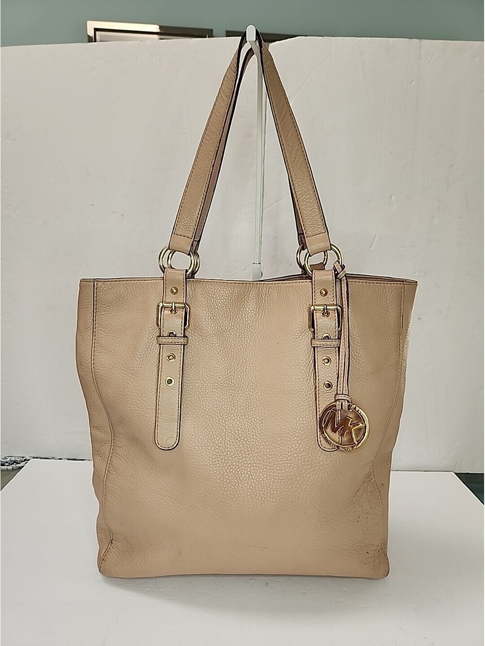 Michael Kors Leather Tote Bag Women's Beige Quinn Silver Hardware Double Straps